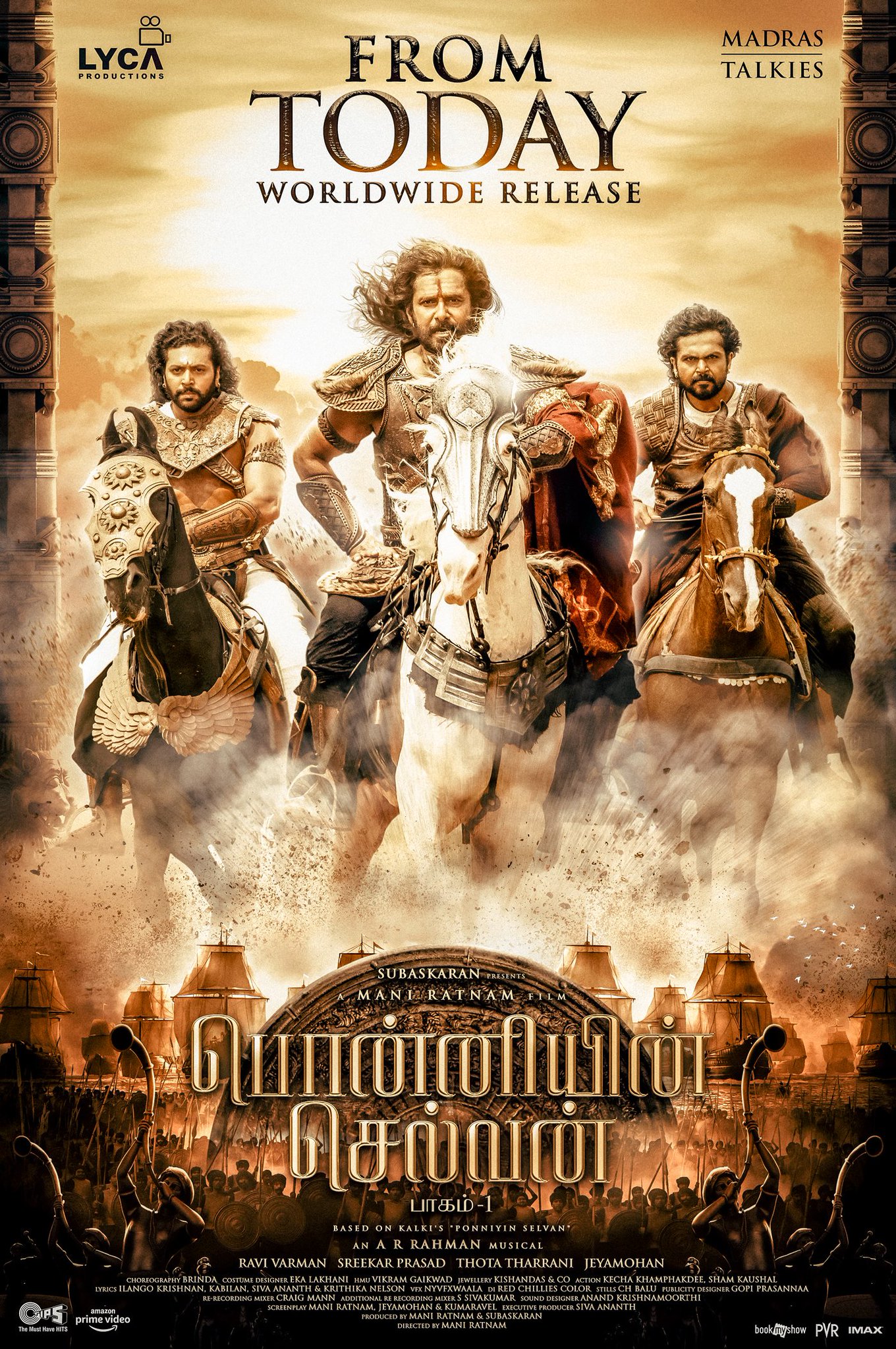 Jayaram, Aishwarya Rai Bachchan, R. Sarathkumar, Parthiban Radhakrishnan, Trisha Krishnan, Vikram, Jayam Ravi, Karthi, Vikram Prabhu, and Aishwarya Lekshmi in Ponniyin Selvan: Part I (2022)