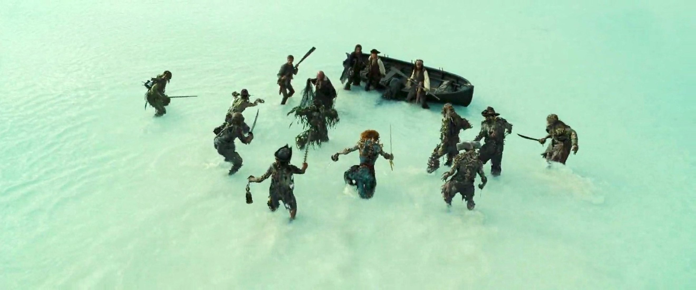 Johnny Depp, Lee Arenberg, Andy Beckwith, Mackenzie Crook, Jack Davenport, Dermot Keaney, Keira Knightley, and Clive Ashborn in Pirates of the Caribbean: Dead Man's Chest (2006)