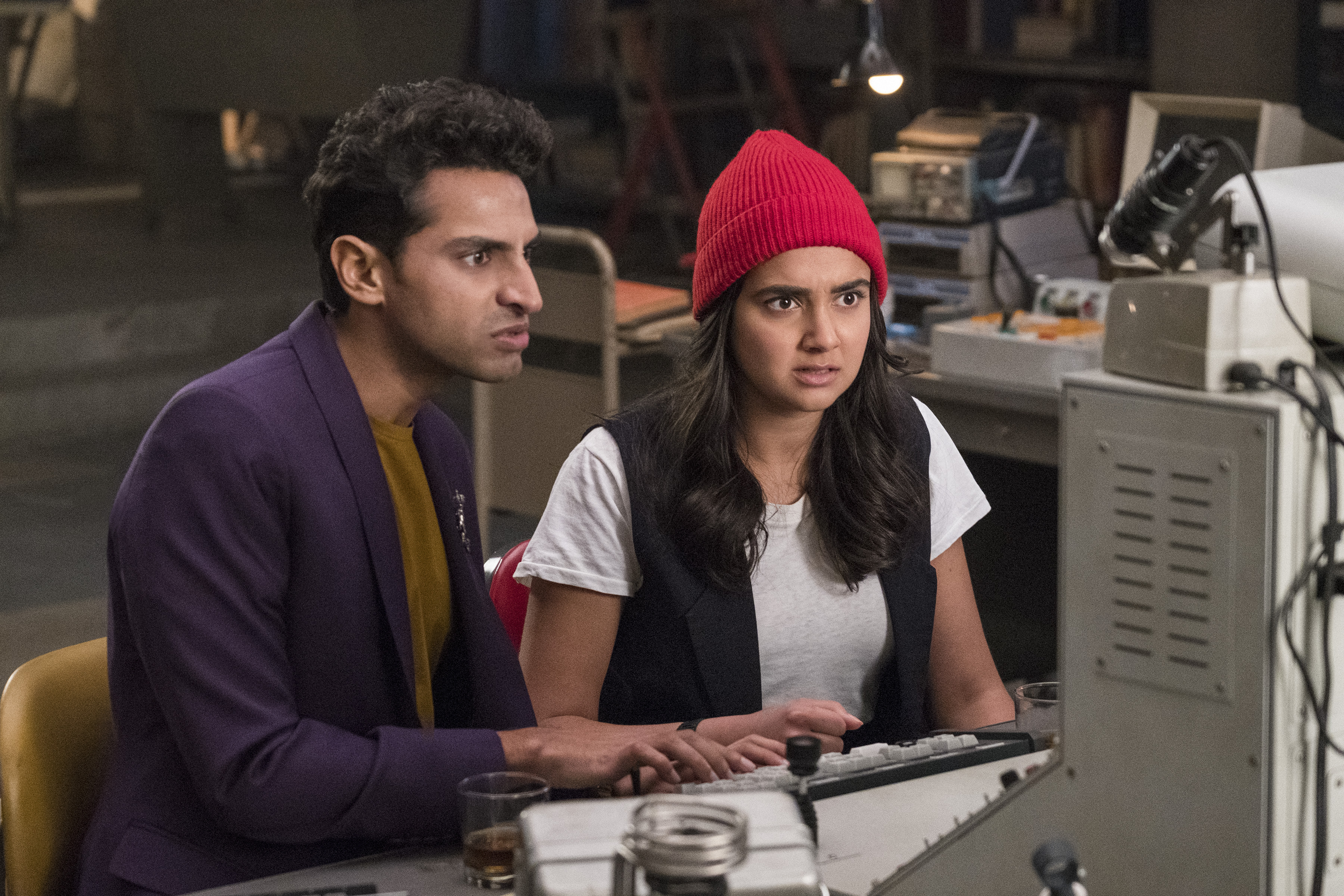 Karan Soni and Geraldine Viswanathan in Miracle Workers (2019)