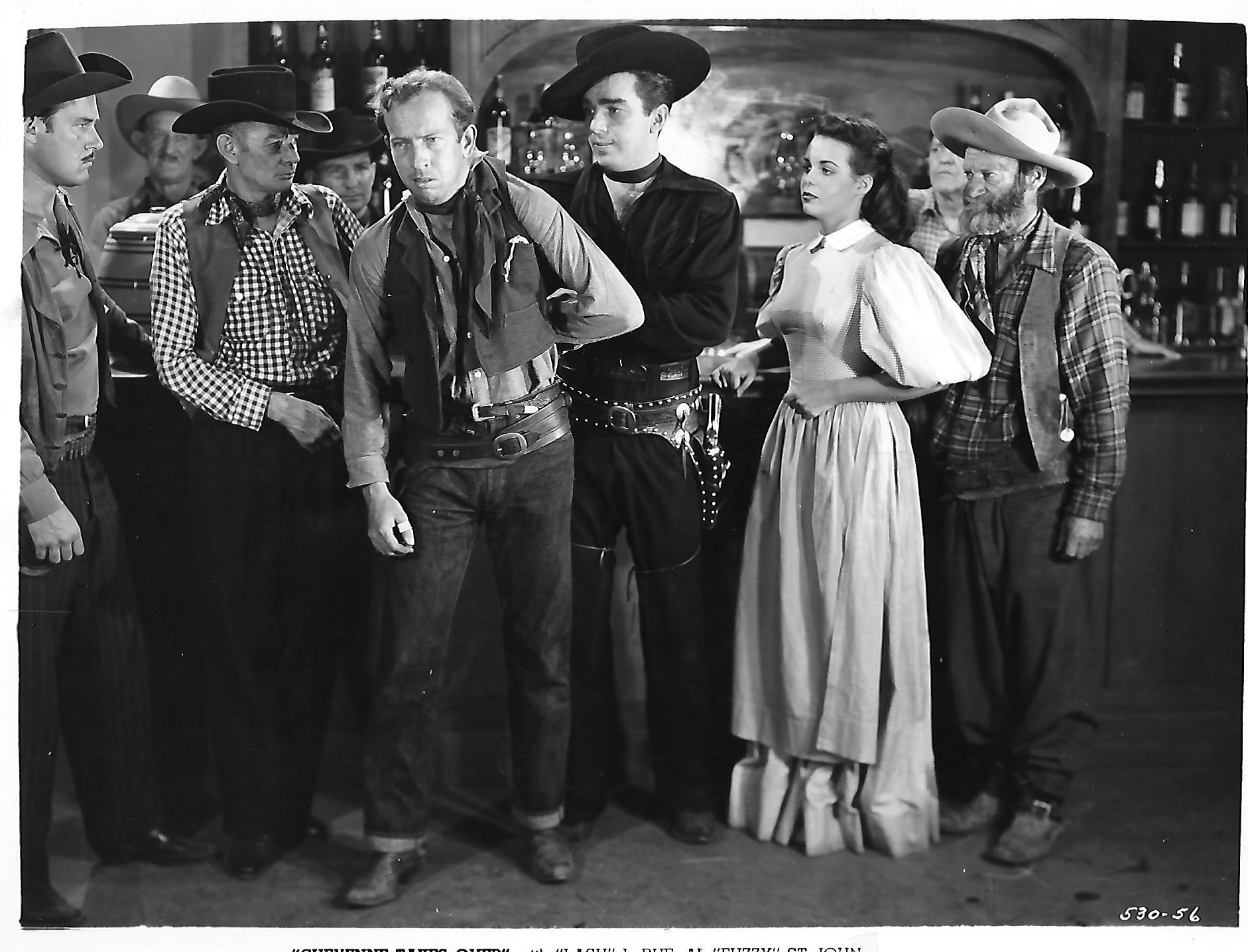 Nancy Gates, Lash LaRue, Buster Slaven, and Al St. John in Cheyenne Takes Over (1947)