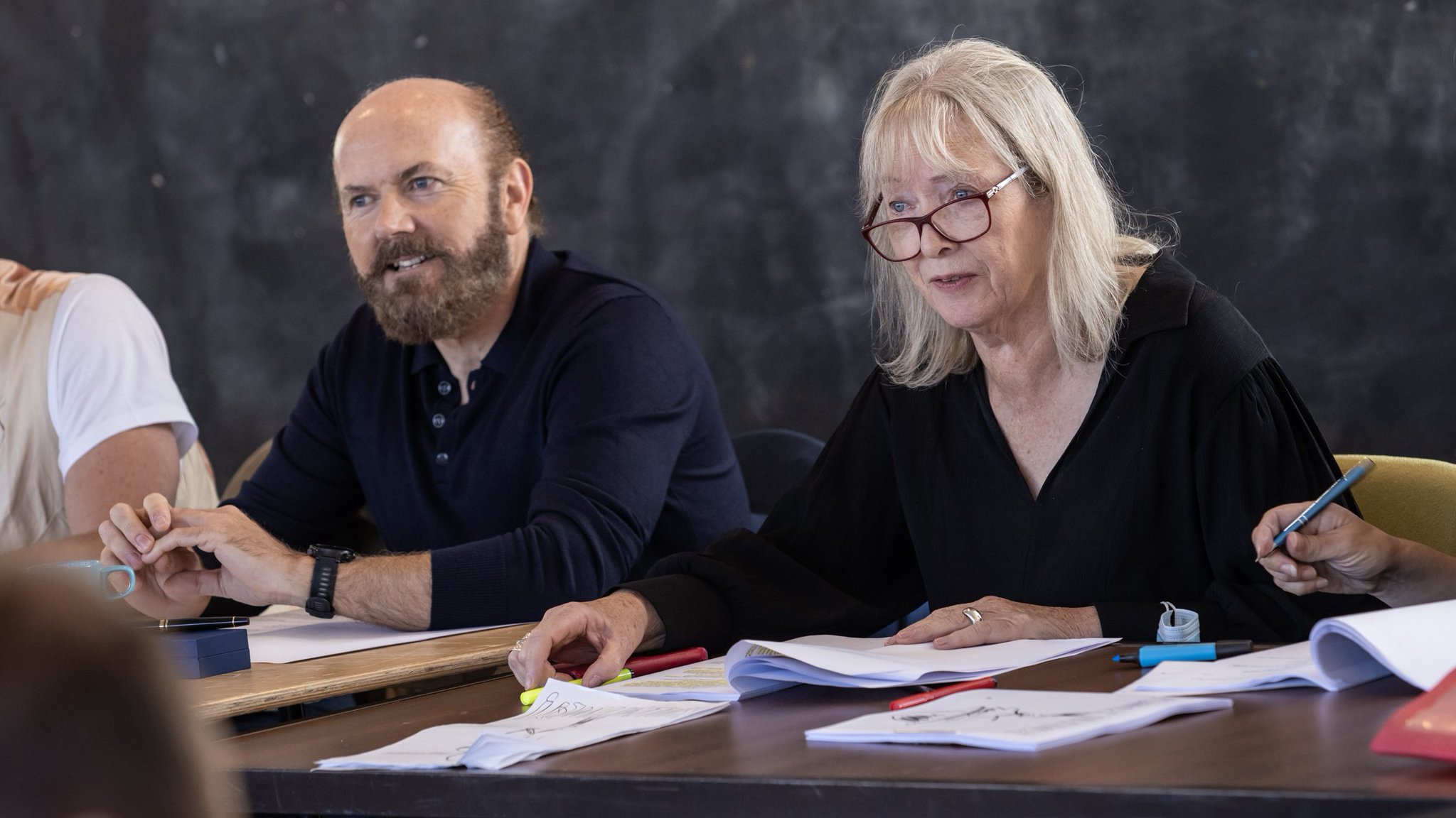 Bill Murphy (Zozimus) Deirdre Donnelly ( May) at a table read for Joyces Women