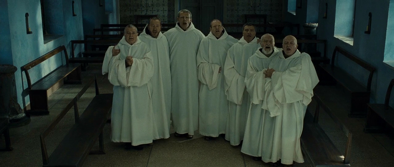 Jacques Herlin, Jean-Marie Frin, Philippe Laudenbach, Xavier Maly, Loïc Pichon, Olivier Rabourdin, and Lambert Wilson in Of Gods and Men (2010)