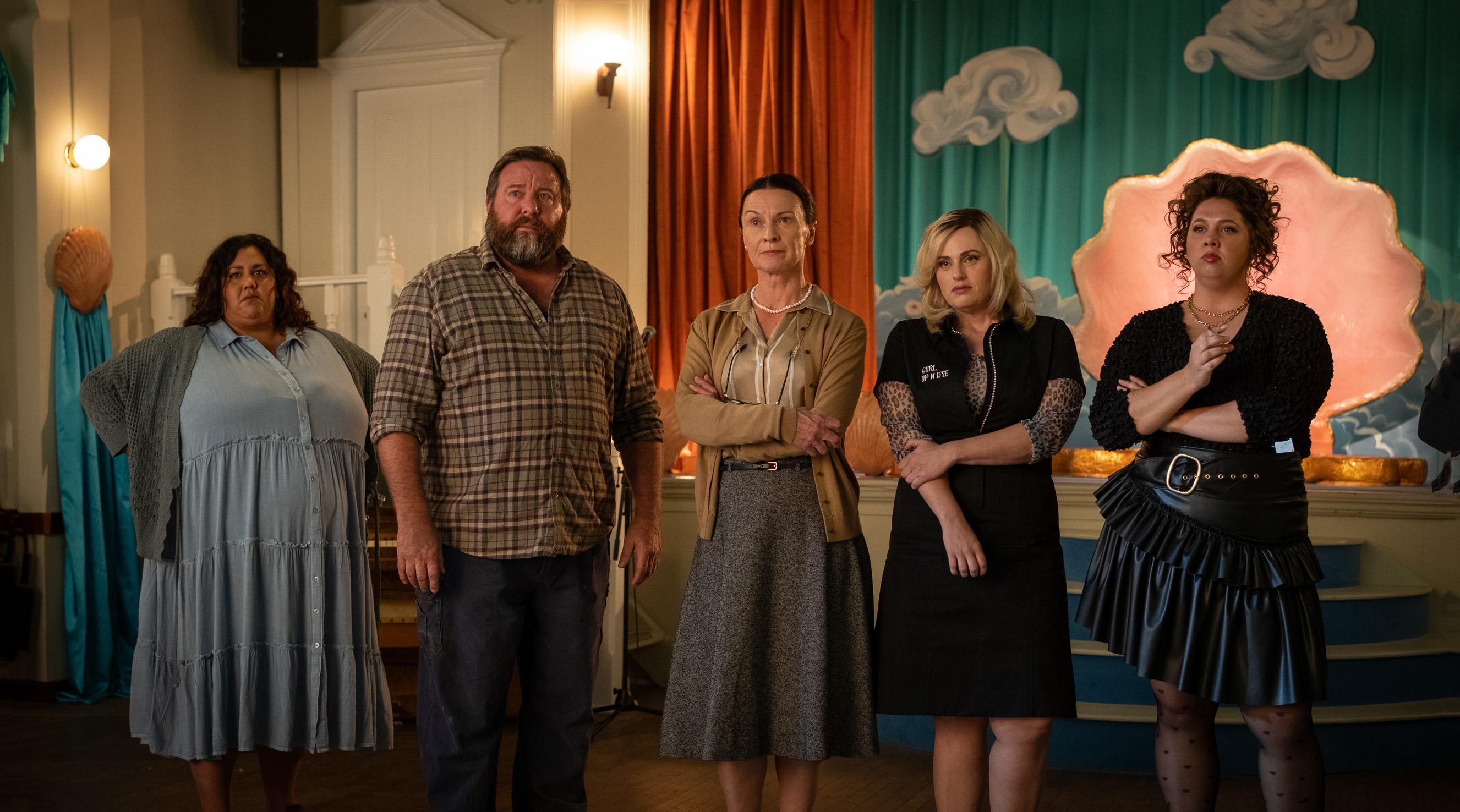 Tara Morice, Natalie Abbott, Shane Jacobson, Rebel Wilson, and Steph Tisdell in The Deb (2024)