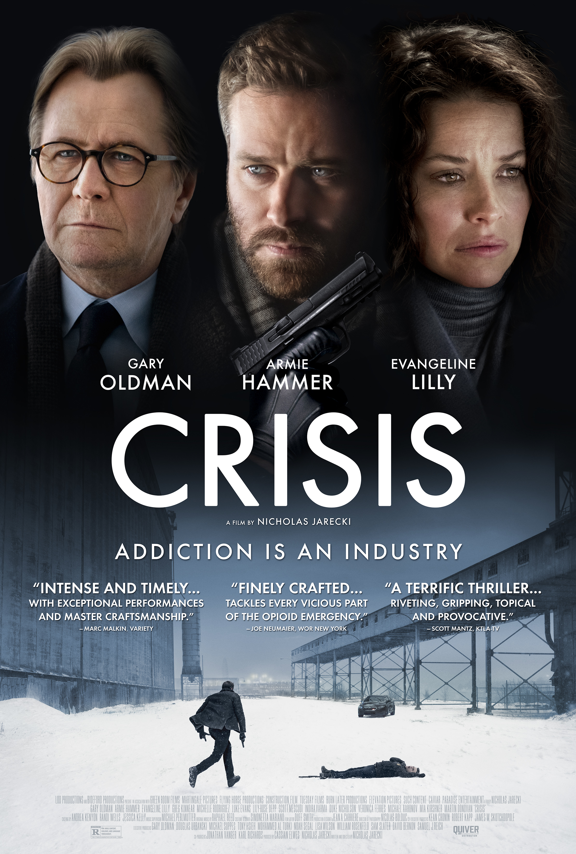 Gary Oldman, Evangeline Lilly, and Armie Hammer in Crisis (2021)