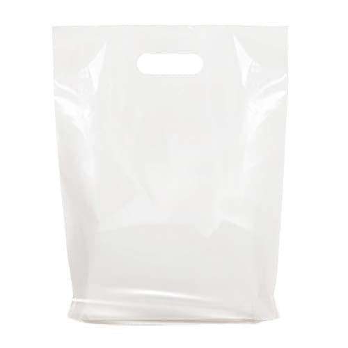 White Merchandise Plastic Shopping Bags - 100 Pack 12" x 15"with 1.25 mil Thick | Die Cut Handles | Perfect for Retail Shops, Party Favors, Birthdays, Children Parties | Color White | 100% Recyclable