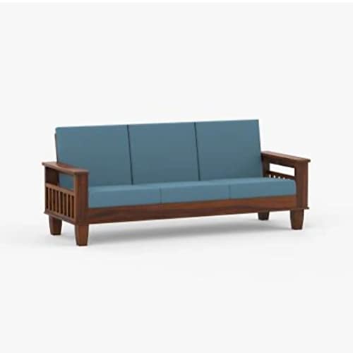 NKF CARVE™ Nexo Solid Sheesham Wood Sofa Set for Living Room 3 Seater Sofa Set for Home Furniture (Teak Finish with Blue Cushions)