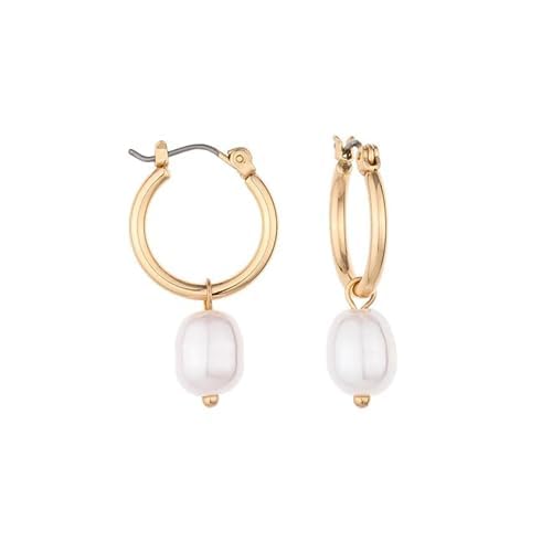 EttikaHuggie Hoop Earrings for Women. Hoop Gold Tone Plated Earrings with Recycled Acrylic Pearl Charm. Fashion Jewelry. Great Gift, Gold Tone Plated, No Gemstone