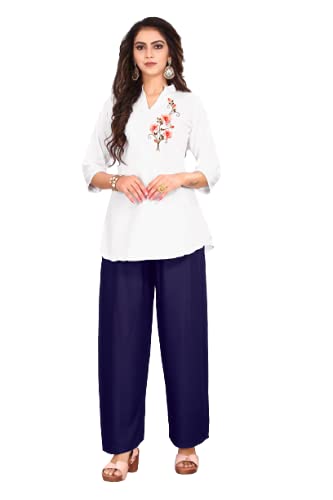 Aarohi FashionWomen's Indo-Westernd Rayon Flower Printed Top with Rayon Palazzo Set (White & Dark Blue