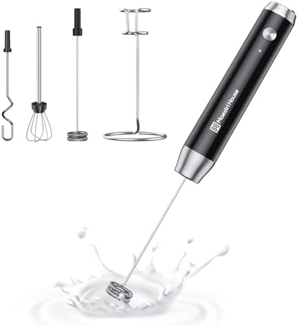 Maestri House Rechargeable Milk Frother with 3 Heads, Handheld Electric Foam Maker Waterproof Detachable Stainless Steel Whisk Drink Mixer Foamer with Stand for Lattes, Cappuccino, Egg (Black)