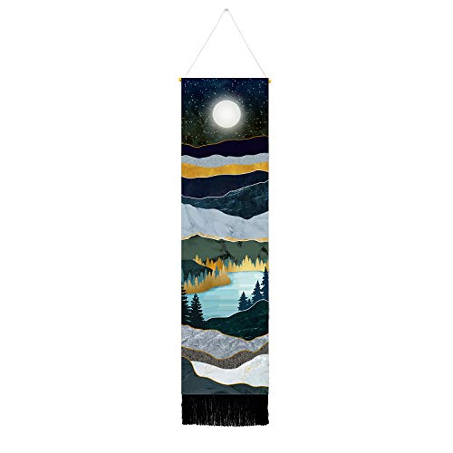 Mountain Tapestry Moon Starry Night Sky Tapestries Forest Tree Lake Tapestry Nature Landscape Tapestry for Room (Navy Blue, 12.8 x 51.2 inches)