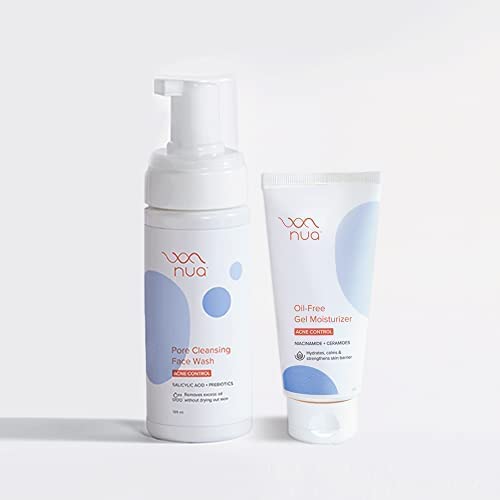 Nua Acne Control Essentials Combo (Pore Cleansing Face Wash with 1% Salicylic acid, Glycolic Acid | 120ml, Oil-Free Gel Moisturizer 5% Niacinamide, Ceramides | 50g (Set of 2) |