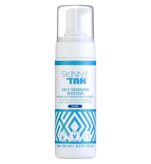 Skinny TanDark Mousse 150ml, Instant Fake Tan Mousse, Coconut and Vanilla Aroma, Cruelty Free & Vegan Skincare for Radiant Natural Glow - Easy to Apply