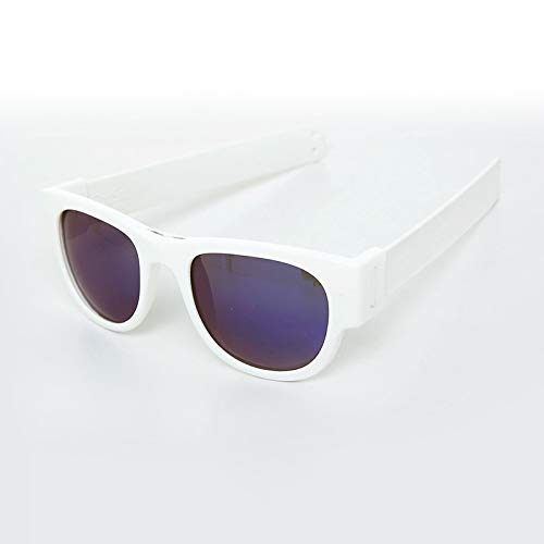 SlapSeePro Folding, Wrist Slapping, Sunglasses that never fall off - White Frame, White Slap, Blue Lens - SLS-WHT-WHT-BLU