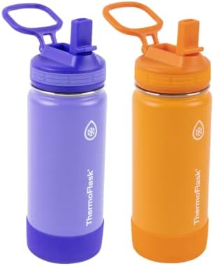 ThermoFlask 16 oz Double Wall Vacuum Insulated Stainless Steel 2-Pack of Water Bottles, Purple/Orange