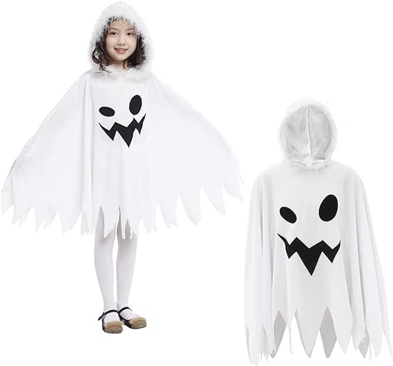 BrainGiggles Ghost Costume for Kids, White Ghost Cloak for Halloween Cosplay boys and girls