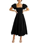 GOLDSTITCH Women's Smocked Maxi Dress Square Neck Ruffle Hem Puffy Short Sleeve Flowy Midi Dress