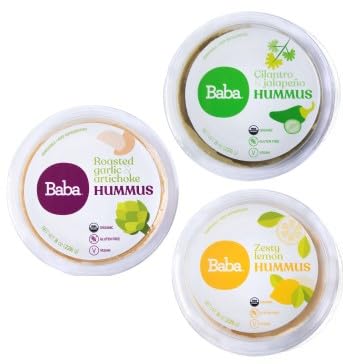 Baba Small Batch Organic Hummus (8 oz, 3 Pack) - USDA Organic, Gluten Free, Vegan, Non-GMO, Cholesterol Free (Cilantro/Jalapeno, Garlic/Artichoke, Zesty Lemon)