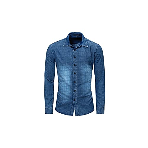 FERCLAFERCLA Collarless Shirts For Men， Casual Shirts,Autumn Denim Jean Shirt Cotton Washed Plaid Checked Shirt Long Sleeve Casual Shirts Male Brand Clothes (Size : XXL)