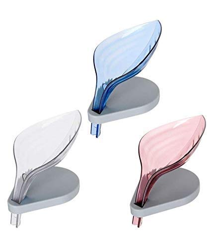 3VS™ Leaf Soap Box Plastic Leaf Shape Self Draining Soap Holder (12x9x11.5 cm,Blue,Purple,Transparent) Pack of 3