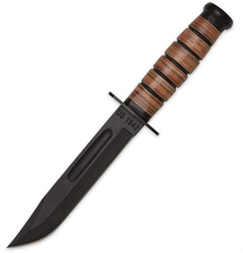 US Marine 1942 Combat Knife And Sheath - Stainless Steel Blade, Classic Stacked Leather Handle, Exact WWII Replica, Great for Field Carry - Length 12"