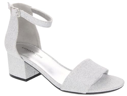 LONDON FOG Women's Nikki Low Two Piece Block Heel Dress Shoe Ladies Ankle Strap Pump Sandal silver 8.5