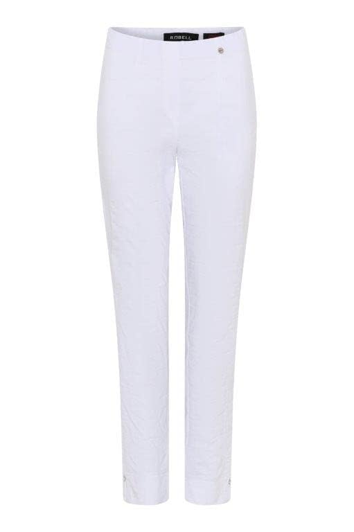 RobellStyle BELLA09 - 7/8 Women's Summer Trousers with Seersucker Structure, Straight Cut Leg with Back Pockets, White, 48