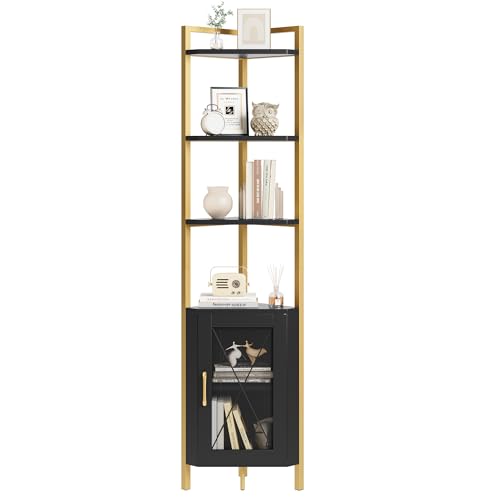 HITHOS 71" Tall Corner Shelf, 6-Tier Corner Bookcase, Gold Bookshelf with Storage Cabinet, Modern Display Shelf, Free Standing Storage Rack Plant Stand for Living Room, Home Office, Black