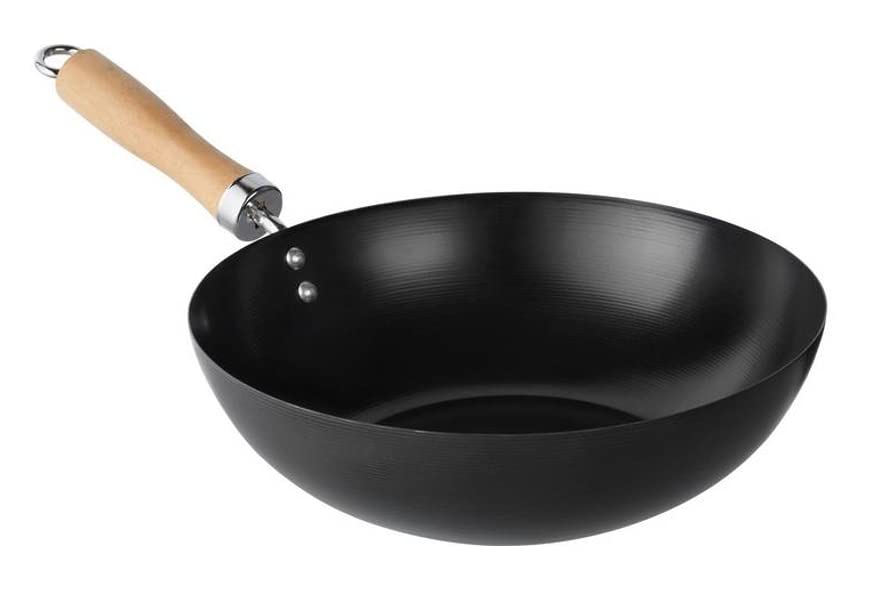 U HOMEWok Stir Fry Pan 28cm, Wooden Handle, Lightweight Carbon Steel, Chef’s Pan, Pre-Seasoned Non-Stick Deep-Frying Pot, for Chinese Japanese and Other Cooking. (Wok Wooden Handle 28cm)