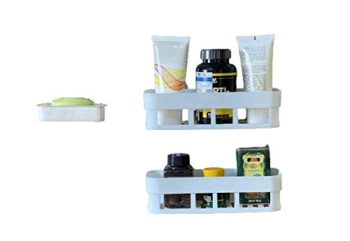 SOCHEP Medium Size Combo Plastic Strong Adhesive Bathroom & Kitchen Self Adhesive Wall Mounted Soap Stand & Bathroom Shelves,25x11x7cm&13x8x2.5cm (Bathroom Shelve 2pcs+soap Stand 1pcs)