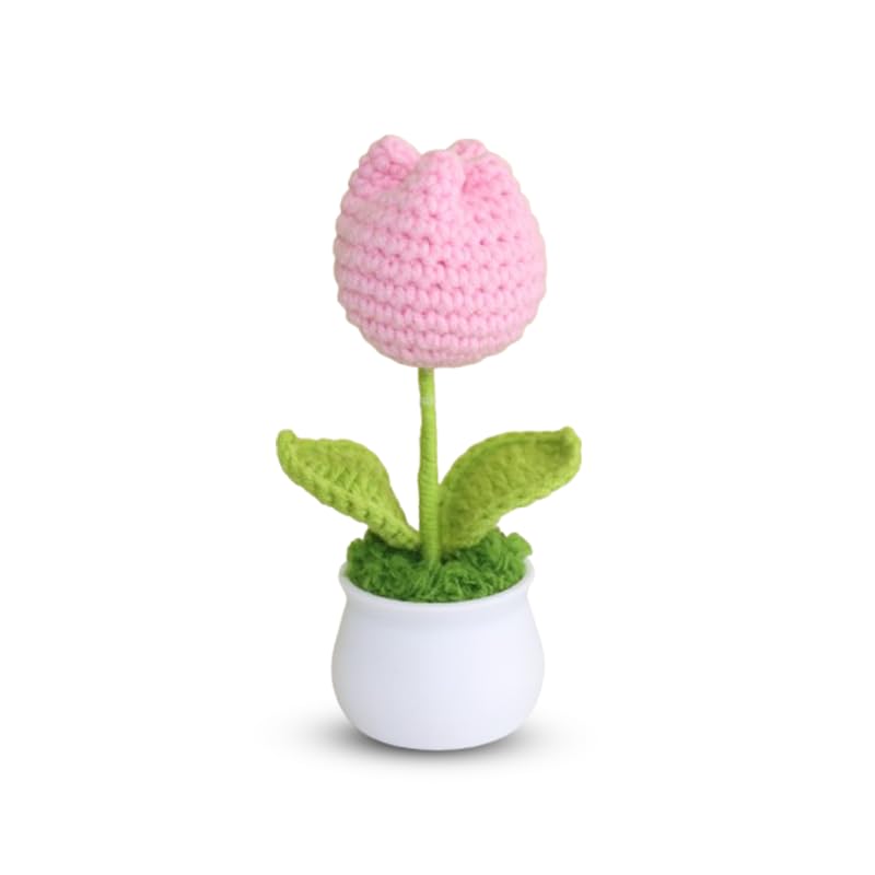 YellowCult Crochet Flowers Handmade Artifical Flower Small Knitted Potted Plants with vase for Car Dash Decoration Bathroom Kitchen Home Decoration Table Shelf Decor (Tulip Pink -1 pcs)