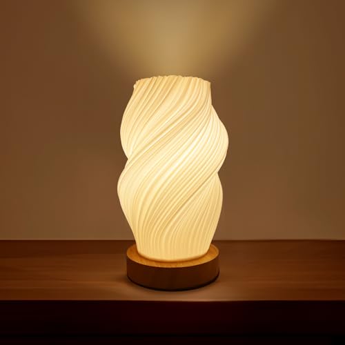 Dimmable Bedside Lamp with Woodbase, Novelty 3D-Printing Small Table Lamp for Living Room Bedroom Small Space, Nightstand Lamp with PLA Lampshade