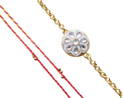 Pretty Ponytails Mauli Thread Rakhi with White Rajasthani Meenakari Bracelet Gift Set for Raksha Bandhan