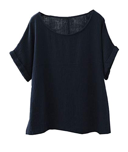 SoojunWomen's Cotton Linen Round Collar Boxy Top Patchwork Blouses