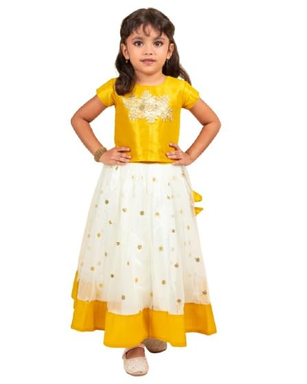 Stanwells KidsGirls Lehnga Choli Ruffle Pattern Dress Half Sleeves Readymade Hand Sequins Embroidery Ethnic Traditional Full Length South Indian Girl Lehnga Choli