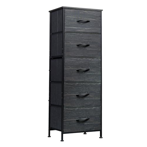 WLIVE Fabric Dresser, 5-Drawer Tall Dresser for Bedroom, Storage Dresser Organizer with Fabric Bins, Wood Top, Sturdy Steel Frame, Chest of Drawers for Closet, Hallway, Charcoal Black Wood Grain Print