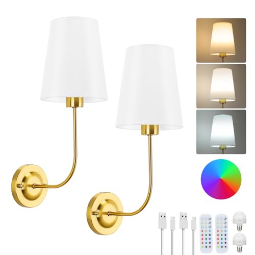 Lightess 2Pcs Battery Operated Wall Sconces Battery Powered Wall Lights For Living Room Bedroom RGB 2 Modes Dimmable LED Rechargeable Wall Lamp Touch&Remote Control Hallway Dining Room-Gold Wall Light [Energy Class E]