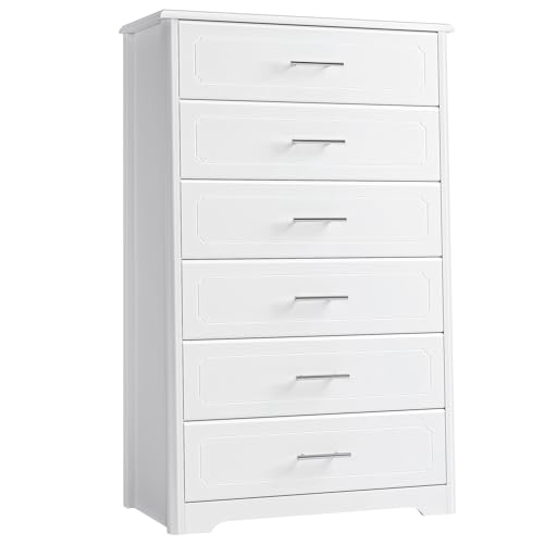 HITHOS Tall Dresser for Bedroom, White Dresser, Modern 6 Drawer Dresser for Closet, 31.5" Wide Wood Chest of Drawers, Vertical Dresser Chest Storage Cabinet for Living Room, Entryway, Hallway, White