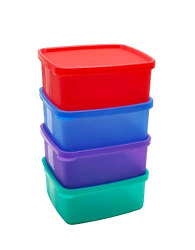 Mahaware Square Plastic Fresh Keep Tab Airtight Snacks Storage Container Set | Lunch Box | Tiffin Box | 400ml, Set of 4, Multicolour