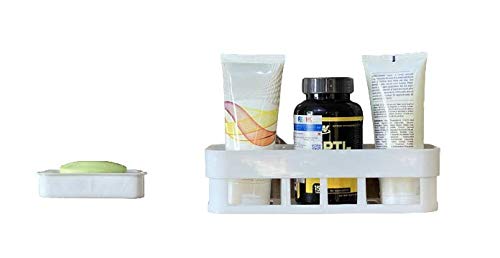 SOCHEP Medium Size Combo Plastic Strong Adhesive Bathroom & Kitchen Self | Adhesive Wall Mounted Soap Stand | Bathroom Shelves,White,25x11x7 Cm&13x8x2.5 Cm (Bathroom Shelve 1pcs+soap Stand 1pcs)