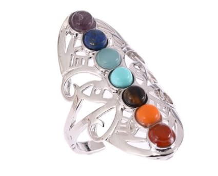 CYJXLPlated 7 Chakra Healing Hollow Thumb Reiki Natural Stones Ring for Women Adjustable Ring Boho Jewelry, White Spain