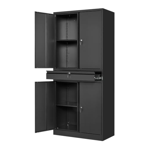 Yizosh Metal Garage Storage Cabinet with Locking Doors and Adjustable Shelves, Tool Storage Cabinet with 1 Drawer - 71" Steel Locking Cabinet for Garage, Warehouse (Black)