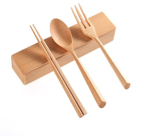 Wood Cutlery Set Chopsticks Spoon Fork Kit with Case School Office Lunch Reusable Tableware Camping Flatware Dinnerware Travel Utensils