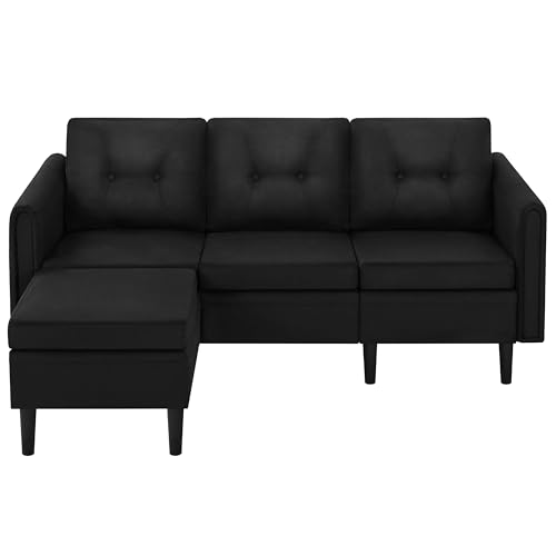 costoffs 3-Seater Sofa with Ottoman Footstool Versatile L-shaped Chaise Lounge Sofa Fabric Upholstered Corner Sofa for Living Room Black