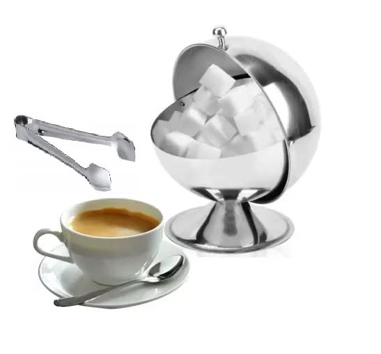 Gaffel Stainless Steel Sugar Bowl Roll Top with Sugar Cube Tong|Spherical Bowl for Sugar Cubes,Candies,Snacks,Seasonings|Sugar Caddy for Home Hotel Cafes Bar Beverage Serving