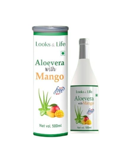 Looks and Life Aloe Vera Juice with The Goodness of Mango Flavour Mix 500ml | Pulp - Revitalize Hair and Skin, Immunity & Better Digestion (30 glass Juice)