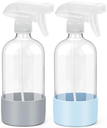 Bontip Glass Spray Bottle with Silicone Sleeve Protection, Empty Clear Bottle Set for Non-toxic Window Cleaners Aromatherapy Facial Hydration Watering Flowers Hair Care (2 Pack/16 oz)