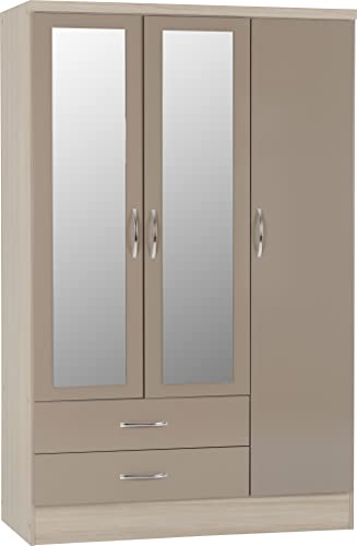 SeconiqueNevada 3 Door 2 Drawer Wardrobe in Oyster Gloss/Light Oak Effect Veneer