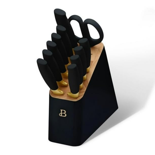 12 Piece Stainless Steel Knife Block Set, Soft-Grip Handles Black by Drew Barrymore, STICK RESISTANT