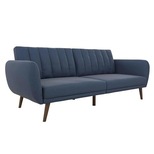 Novogratz Brittany Sofa Futon, Premium Linen Upholstery and Wooden Legs, Blue Linen