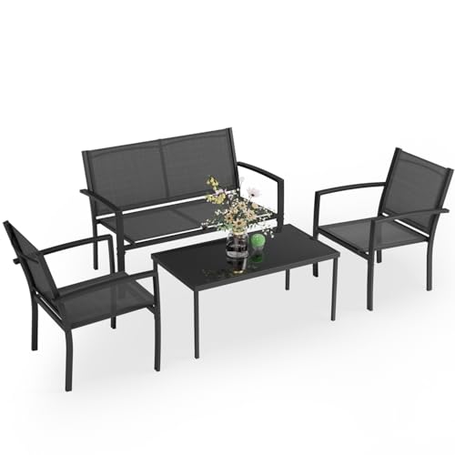 Greesum 4 Pieces Patio Furniture Set, Outdoor Conversation Sets for Patio, Lawn, Garden, Poolside with A Glass Coffee Table, Black